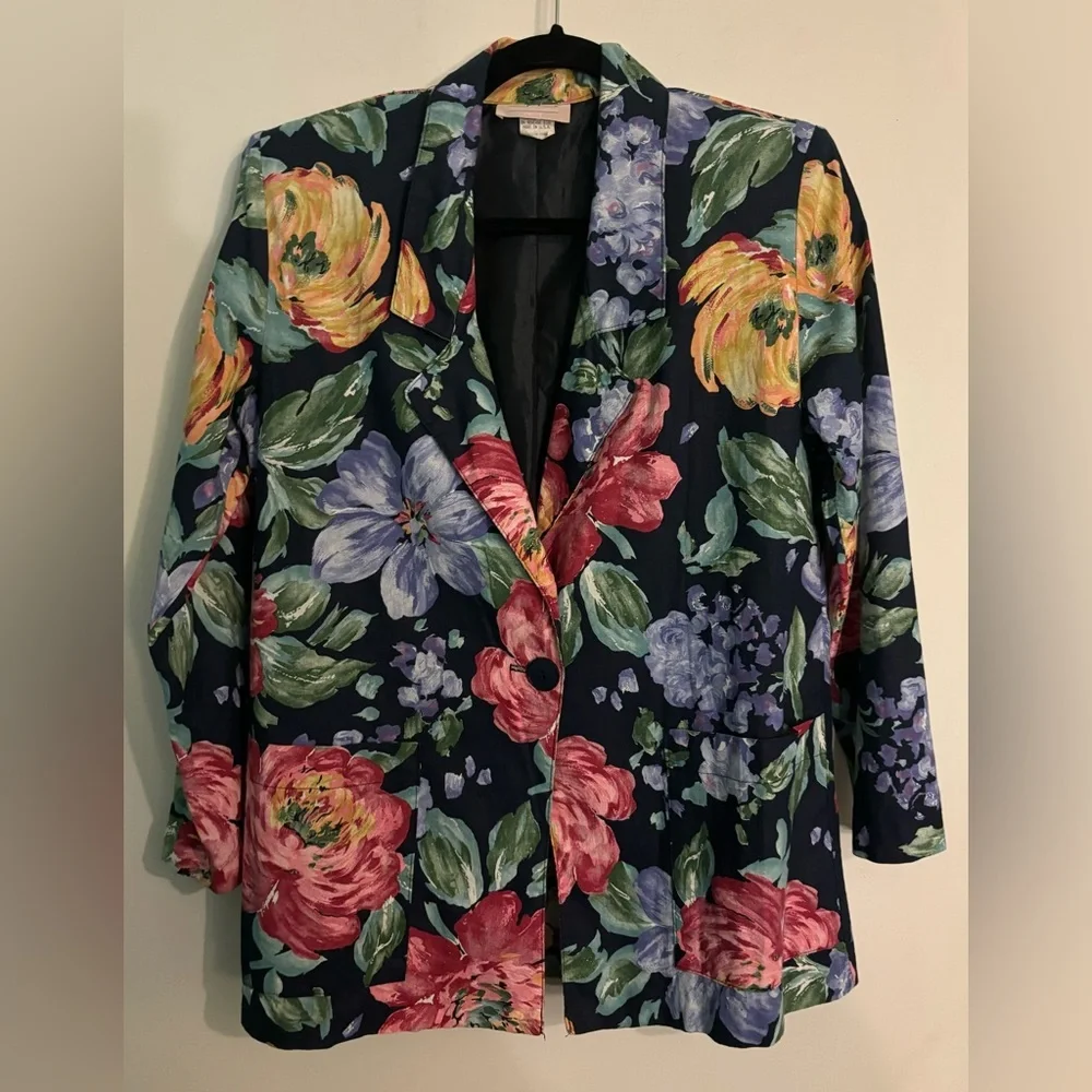 Classic Directions Petite Womens Sz 8 Vintage 90s Floral Blazer Shoulder Pads‎